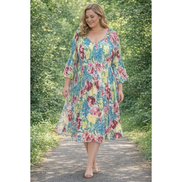 Ninety clothing co Dresses & Skirts - Ninety Clothing Co Women's Chiffon Lined Accordian Pleat Bell Sleeve Dress 2X
